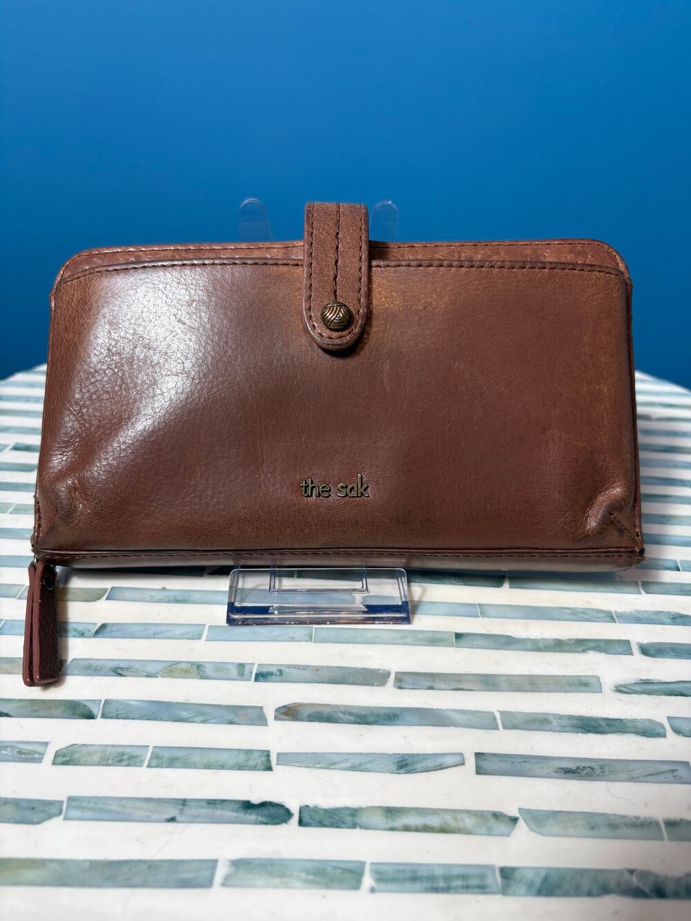 The Sak Brown Leather Zip-Around Clutch Wristlet
